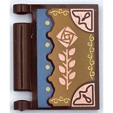 reddish brown minifigure utensil book cover with copper flower and corners on dark tan background with medium blue scalloped edge pattern