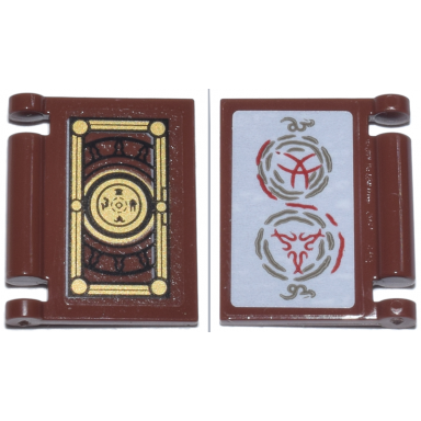 reddish brown minifigure utensil book cover with black and gold frame and circle emblem and red and dark tan magic spell symbols pattern on both sides stickers - set 76218
