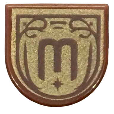 reddish brown tile round 1 x 1 half circle extended with dark brown letter e m w in ornate frame on gold background pattern