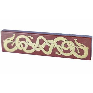 reddish brown tile 1 x 4 with gold viking snakes pattern