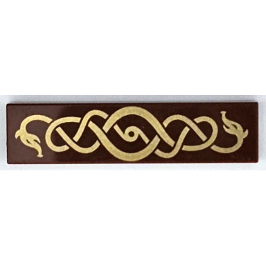 reddish brown tile 1 x 4 with gold intertwined sea serpent snake pattern