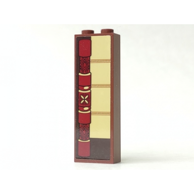 reddish brown brick 1 x 2 x 5 with wooden pole with carvings and tan areas pattern model left side sticker - set 41149