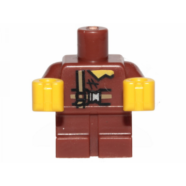 reddish brown body baby toddler with fixed arms with molded yellow hands and printed dark tan belts and tattered collar pattern