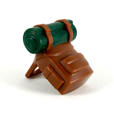 reddish brown minifigure backpack with molded dark green bedroll pattern