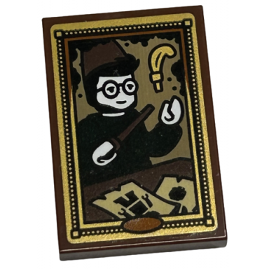 reddish brown tile 2 x 3 with picture of wizard with wand and plume feather in gold frame pattern sticker - set 40577