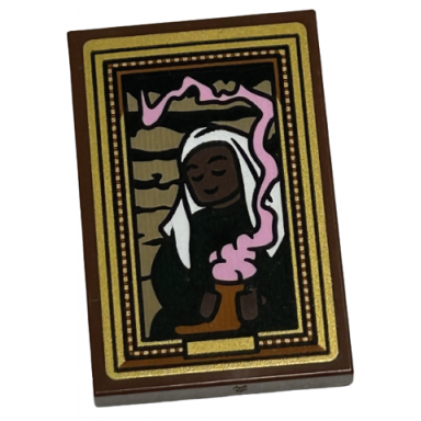reddish brown tile 2 x 3 with picture of woman with potion and bright pink smoke in gold frame pattern sticker - set 40577