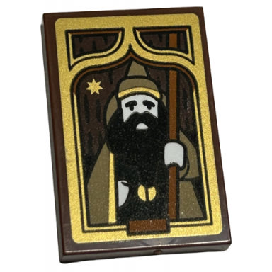 reddish brown tile 2 x 3 with picture of wizard with staff and star in gold frame pattern sticker - set 40577