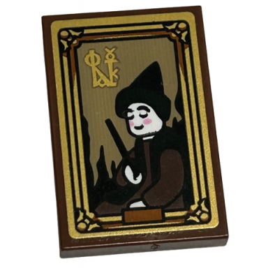 reddish brown tile 2 x 3 with picture of witch with bright pink cheeks and black wand in gold frame pattern sticker - set 40577