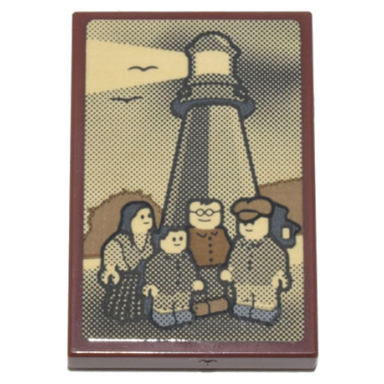 reddish brown tile 2 x 3 with sepia picture of family of 4 minifigures and lighthouse pattern sticker - set 21335