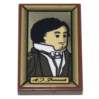 reddish brown tile 2 x 3 with framed portrait of man with suit white shirt and bow tie and black script a j fresnel pattern sticker - set 21335