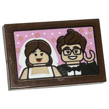 reddish brown tile 2 x 3 with wedding picture of bride and groom minifigures on bright pink background pattern sticker - set 43217