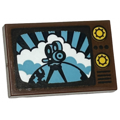 reddish brown tile 2 x 3 with tv with bright light orange dials and medium azure and black screen with camera and clouds pattern sticker - set 43217