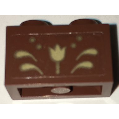 reddish brown brick 1 x 2 with gold flower and scrollwork pattern sticker - set 41068