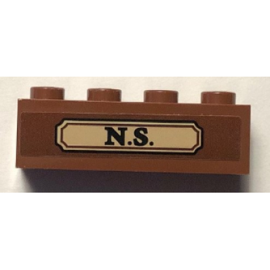 reddish brown brick 1 x 4 with n.s in gold label pattern sticker - set 75952