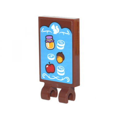 reddish brown tile modified 2 x 3 with 2 clips with store sign with jar acorn apple 5 coins white scrollwork and squirrel pattern sticker - set 41182
