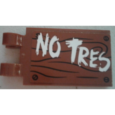 reddish brown tile modified 2 x 3 with 2 clips with white no tres on wood grain background with 4 screws pattern sticker - set 70813
