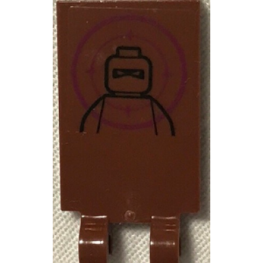 reddish brown tile modified 2 x 3 with 2 clips with tmnt minifigure head and torso in magenta bulls eye pattern sticker - set 79117