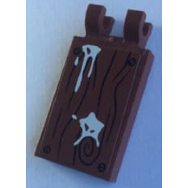 reddish brown tile modified 2 x 3 with 2 clips with white paint splotches on wood grain background pattern model right side sticker - set 70813