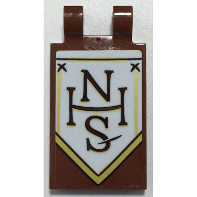 reddish brown tile modified 2 x 3 with 2 open o clips with black and gold nhs on white banner pattern model left side sticker - set 70425