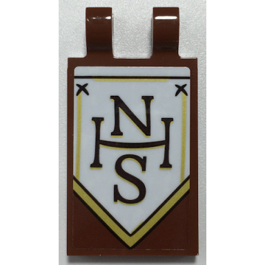 reddish brown tile modified 2 x 3 with 2 open o clips with black and gold nhs on white banner pattern model right side sticker - set 70425