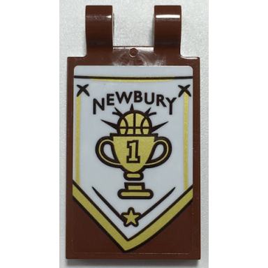 reddish brown tile modified 2 x 3 with 2 open o clips with black newbury and gold basketball trophy on white banner pattern model left side sticker - set 70425