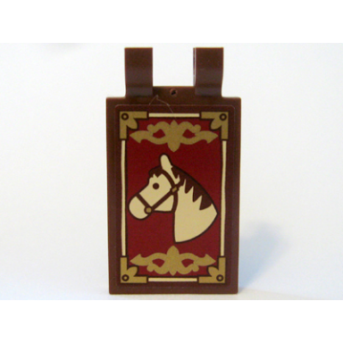 reddish brown tile modified 2 x 3 with 2 u clips with horse head and gold border pattern sticker - set 10193