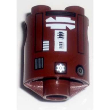 reddish brown brick round 2 x 2 x 2 robot body with bottom axle holder x shape orientation with black rectangle outlines and white pattern sw r7-d4