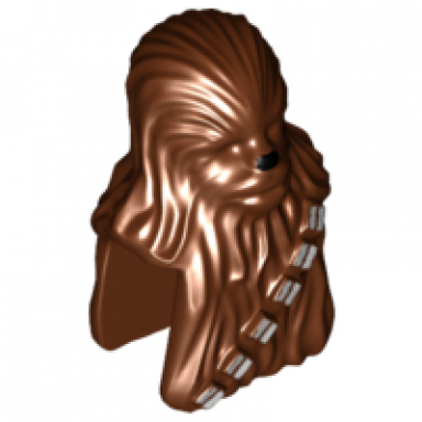 reddish brown minifigure head modified sw wookiee chewbacca with black nose and silver bandolier pattern