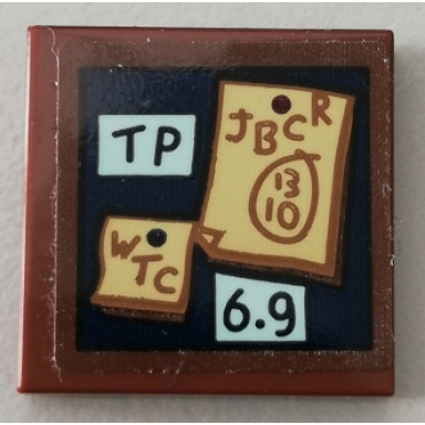 reddish brown tile 2 x 2 with tp wtc jbcr 1310 and 6.9 paper notes pattern sticker - set 75551