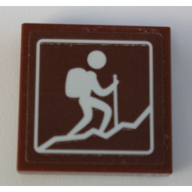 reddish brown tile 2 x 2 with sign with person hiking up mountain pattern sticker - set 41339
