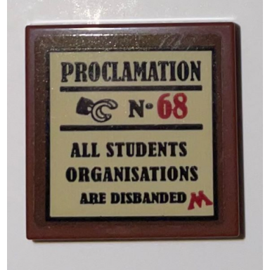 reddish brown tile 2 x 2 with black and red proclamation no 68 minifigure hand text and letter m on tan background pattern sticker - set 75966