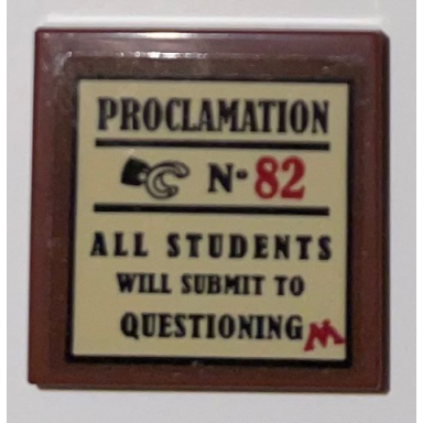 reddish brown tile 2 x 2 with black and red proclamation no 82 minifigure hand text and letter m on tan background pattern sticker - set 75966