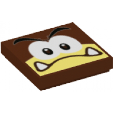 reddish brown tile 2 x 2 with black eyebrows dark brown and white eyes angry frown with lower fangs on bright light yellow background pattern super mario galoomba face