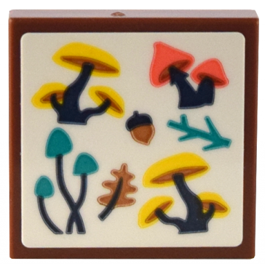 reddish brown tile 2 x 2 with yellow coral and dark turquoise mushrooms twigs and acorn pattern sticker - set 41732