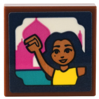 reddish brown tile 2 x 2 with picture of friends mini doll waving and magenta taj mahal pattern sticker - set 41732
