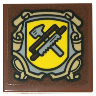 reddish brown tile 2 x 2 with yellow shield tan frame and saw and hammer pattern sticker - set 10332