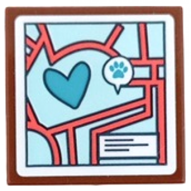 reddish brown tile 2 x 2 with map with medium azure heart paw print in speech bubble and coral roads on light aqua background pattern sticker - set 41692