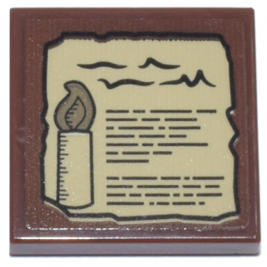 reddish brown tile 2 x 2 with tan parchment with black writing lines and candle with dark tan flame pattern sticker - set 21341