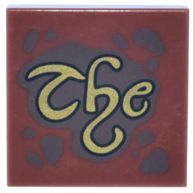 reddish brown tile 2 x 2 with dark brown spots and splatters and gold script the pattern