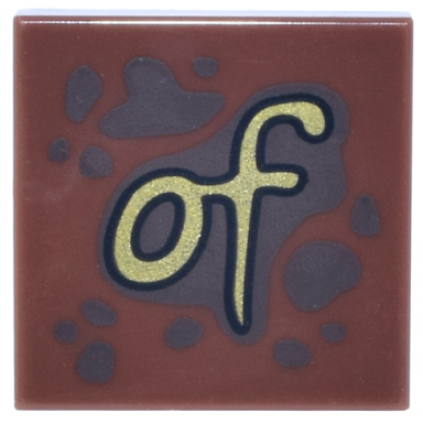 reddish brown tile 2 x 2 with dark brown spots and splatters and gold script of pattern