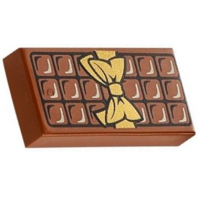 reddish brown tile 1 x 2 with candy bar chocolate blocks and gold bow pattern