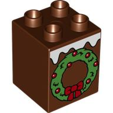 reddish brown duplo brick 2 x 2 x 2 with white snow and green christmas wreath with red balls and bow pattern