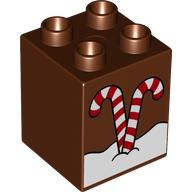 reddish brown duplo brick 2 x 2 x 2 with 2 white and red striped candy canes in snow pattern