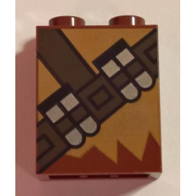 reddish brown brick 1 x 2 x 2 with inside stud holder with medium nougat fur and dark brown ammunition belt pattern