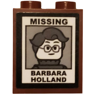 reddish brown brick 1 x 2 x 2 with inside stud holder with missing woman minifigure with glasses and barbara holland pattern sticker - set 75810