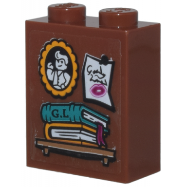 reddish brown brick 1 x 2 x 2 with with inside stud holder with gilderoy lockhart portrait and autograph shelf and books with g.l pattern sticker - set 76437