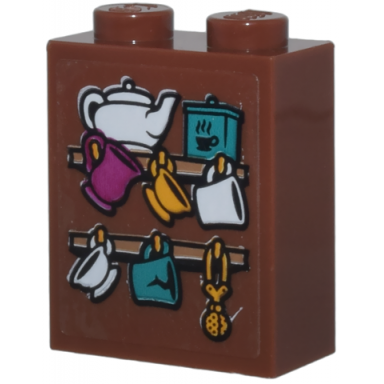reddish brown brick 1 x 2 x 2 with with inside stud holder with white teapot dark turquoise canister magenta and bright light orange cups pattern sticker - set 76437