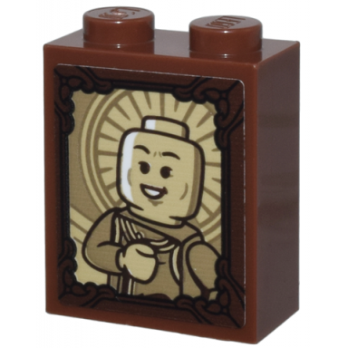 reddish brown brick 1 x 2 x 2 with inside stud holder with ornate dark brown frame tan and dark tan wong and mandala pattern sticker - set 76218