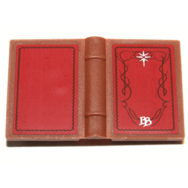 reddish brown minifigure utensil book 2 x 3 with black scrollwork white star and bb on red background pattern stickers - set 79003