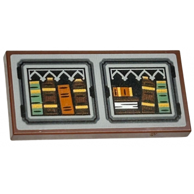 reddish brown tile modified 2 x 4 inverted with sand green dark orange and reddish brown books with light bluish gray ornate fence pattern sticker - set 76411